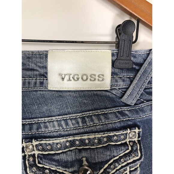 Vigoss Jeans Women junior Size 7  Capri Blue Denim Thick Stitching Jewelled - Picture 8 of 10